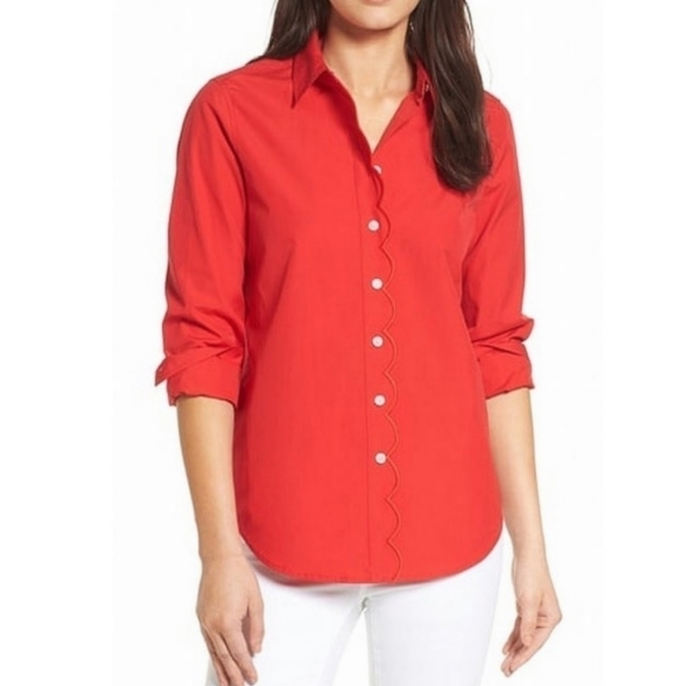 Draper James Elliott 100% Cotton Red Scalloped Button Up
